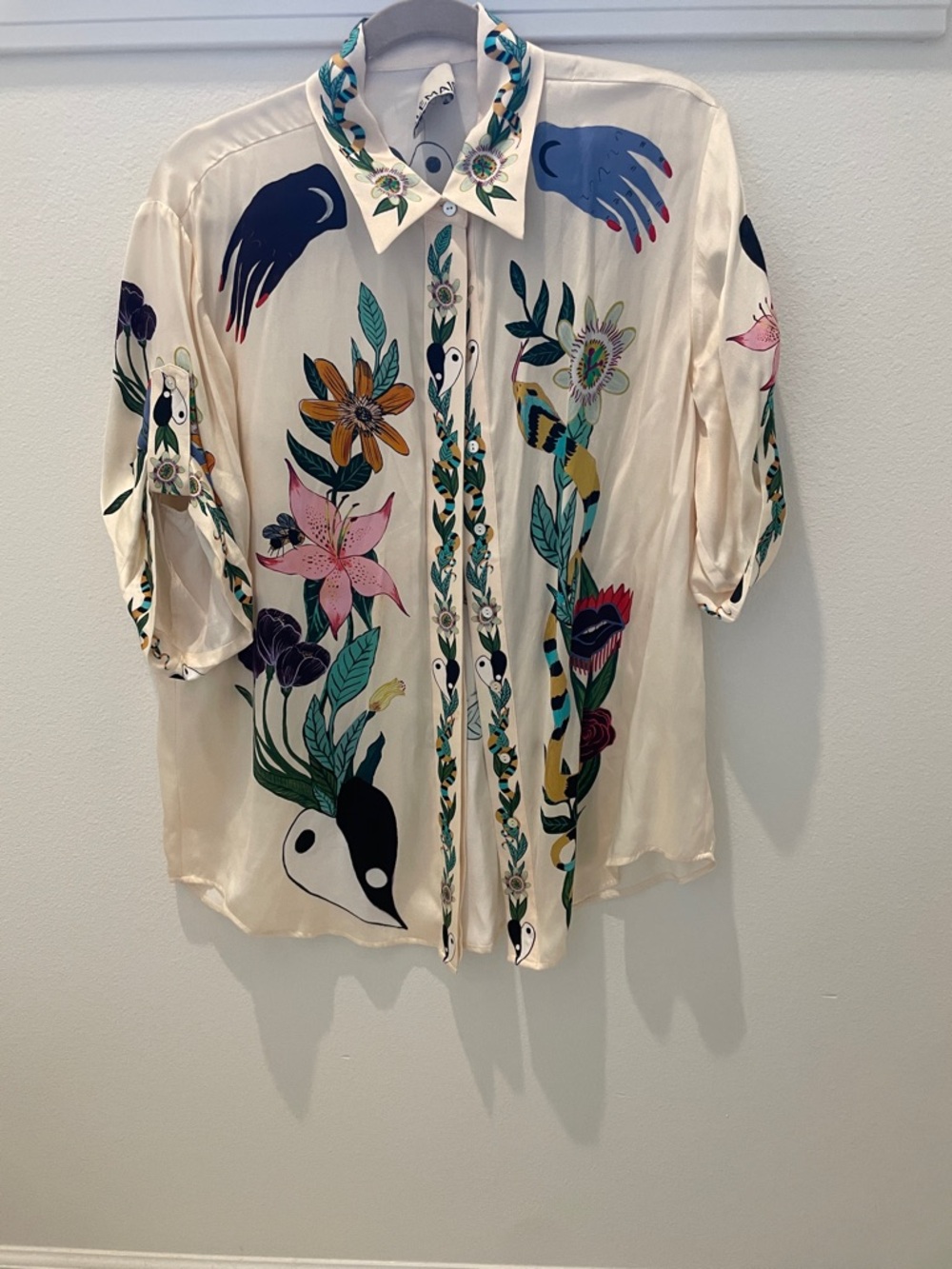 Alemais Cream Blouse with Multicolor Floral & Hand Print